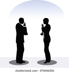 EPS 10 vector illustration of business man and woman silhouette in meeting pose
