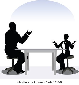 EPS 10 vector illustration of business man and woman silhouette in meeting pose