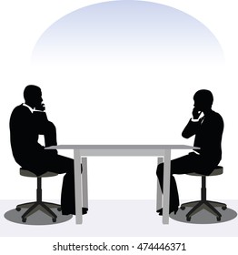 EPS 10 vector illustration of business man and woman silhouette in meeting pose