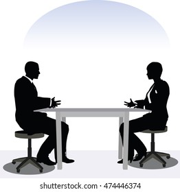 EPS 10 vector illustration of business man and woman silhouette in meeting pose