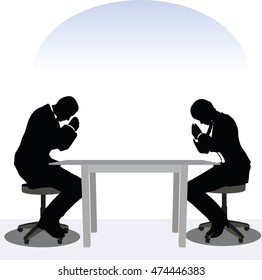 EPS 10 vector illustration of business man and woman silhouette in meeting pose