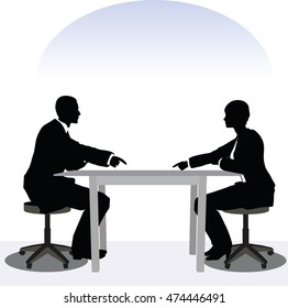 EPS 10 vector illustration of business man and woman silhouette in meeting pose
