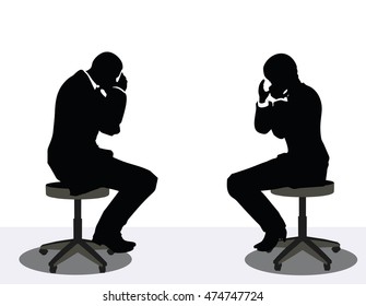 EPS 10 vector illustration of business man and woman silhouette on phone