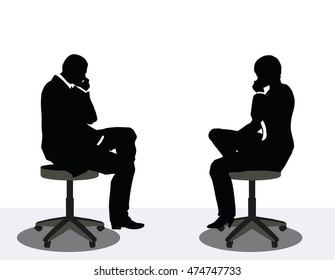 EPS 10 vector illustration of business man and woman silhouette on phone
