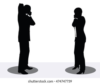 EPS 10 vector illustration of business man and woman silhouette on phone
