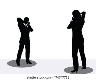 EPS 10 vector illustration of business man and woman silhouette on phone
