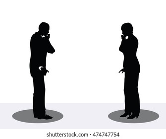 EPS 10 vector illustration of business man and woman silhouette on phone