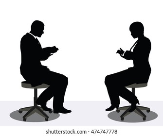 EPS 10 vector illustration of business man and woman silhouette on phone