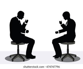 EPS 10 vector illustration of business man and woman silhouette on phone