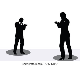 EPS 10 vector illustration of business man and woman silhouette on phone