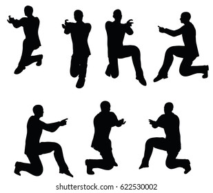 EPS 10 vector illustration of businessman silhouette in super power pose on white background