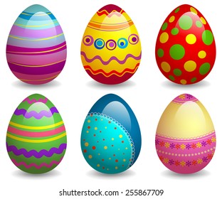 EPS 10 Vector illustration of colorful easter eggs set. Used gradient mesh and opacity on shadow and blending mode. RGB color mode. Eggs are grouped and easy to edit.