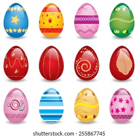 EPS 10 Vector illustration of colorful easter eggs set. Used gradient mesh and opacity on shadow and blending mode. RGB color mode. Eggs are grouped and easy to edit.