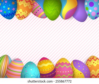 EPS 10 Vector illustration of colorful easter eggs frame. Eggs and background are on separate layers. Used clipping mask on eggs, blending mode and transparency. RGB color mode.