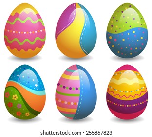 EPS 10 Vector illustration of colorful easter eggs set. Used gradient mesh and opacity on shadow and blending mode. RGB color mode. Eggs are grouped and easy to edit.