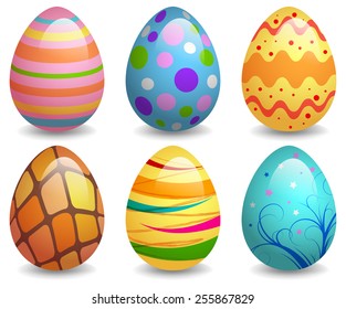 EPS 10 Vector illustration of colorful easter eggs set. Used gradient mesh and opacity on shadow and blending mode. RGB color mode. Eggs are grouped and easy to edit.