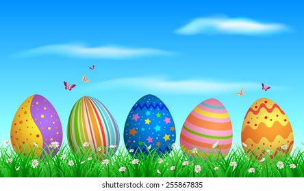 EPS 10 Vector illustration of colorful easter eggs in grass. Objects are layered. Used gradient mesh, blending modes and transparency. RGB color mode. Easy to edit.