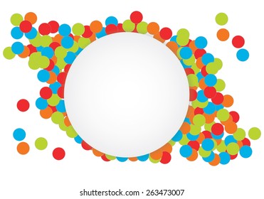 Eps 10 vector illustration of colorful circles, confetti with round speech bubble space for text. Greeting, gift card, postcard, invitation template paper with simple geometric shapes, rainbow colors.