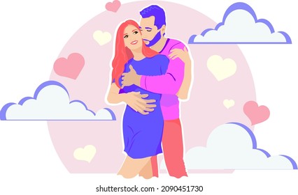 EPS 10 vector illustration: couple in love. husband hugs his beloved wife by the shoulders. Gentle hugs of a couple. Lovers husband and wife to the waist. Couple in seventh heaven on valentine's day 