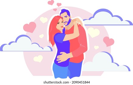 EPS 10 vector illustration: couple in love. husband hugs his beloved wife around the waist. Gentle hugs of a couple. Enamored husband and wife hugs. Couple in seventh heaven on valentine's day. clouds