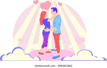 EPS 10 vector illustration: couple in love. Full-length husband and wife facing each other. The husband hugs his wife by the hips. The wife will lick her beloved husband by the neck. Happy family 