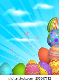 EPS 10 Vector illustration of Easter eggs background. Used transparency and blending mode. Used clipping mask on eggs, easy to edit. Objects are layered.
