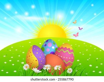 EPS 10 Vector illustration of Easter landscape. Used opacity and blending mode. Clipping mask on eggs, grass and flowers. Objects are grouped and layered, easy to edit.