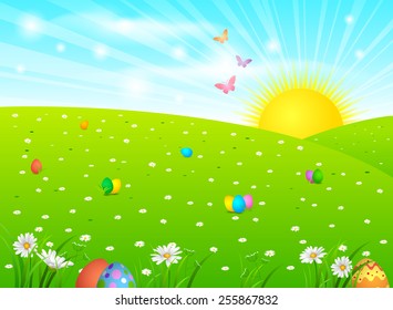 EPS 10 Vector illustration of Easter landscape. Used opacity and blending mode. Clipping mask on eggs, grass and flowers. Objects are grouped and layered, easy to edit.