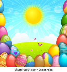 EPS 10 Vector illustration of Easter eggs background. Used transparency and blending mode. Used clipping mask on eggs, easy to edit. Objects are layered.
