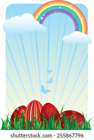 EPS 10 Vector illustration of four red easter eggs in grass. Eggs, tree and background are on separate layers.
