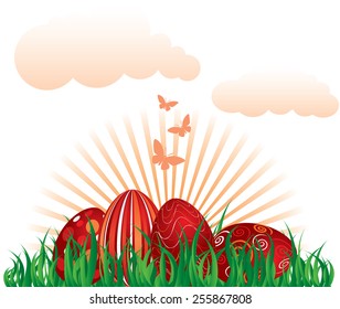 EPS 10 Vector illustration of four red easter eggs in grass. Eggs, tree and background are on separate layers.