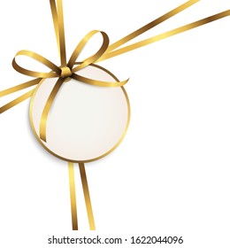 EPS 10 vector illustration of gold colored ribbon bow and gift band with pendant isolated on white background