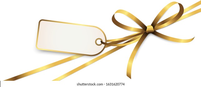 EPS 10 vector illustration of gold colored ribbon bow and gift band with pendant isolated on white background