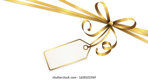 EPS 10 vector illustration of gold colored ribbon bow and gift band with pendant isolated on white background