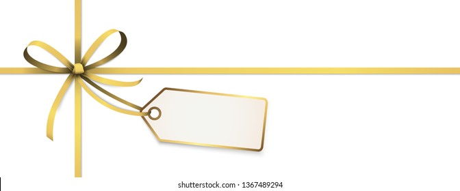 EPS 10 vector illustration of golden colored ribbon bow with hang tag and free text space isolated on white background