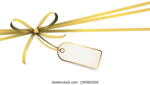 EPS 10 vector illustration of golden colored ribbon bow with hang tag and free text space isolated on white background