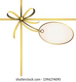EPS 10 vector illustration of golden colored ribbon bow with hang tag and free text space isolated on white background