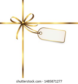 EPS 10 vector illustration of golden colored ribbon bow with hang tag and free text space isolated on white background