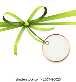 EPS 10 vector illustration of green colored ribbon bow with hang tag and free text space isolated on white background
