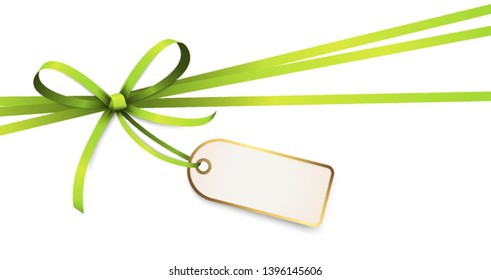 EPS 10 vector illustration of green colored ribbon bow with hang tag and free text space isolated on white background