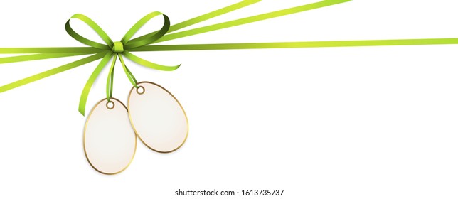 EPS 10 vector illustration of green colored ribbon bow and gift band with pendant isolated on white background