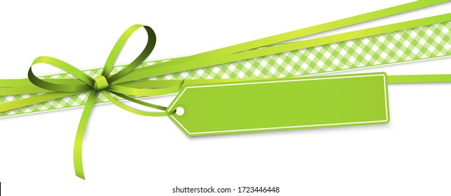 EPS 10 vector illustration of green colored ribbon bow and gift band with pendant isolated on white background