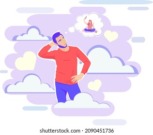 EPS 10 vector illustration: husband in love thinks about his beautiful wife. Clouds and hearts around the husband thinking about his wife. Couple in love before valentine's day. Man and woman lovers 