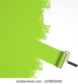 EPS 10 vector illustration isolated on white background with paint roller and painted marking colored green