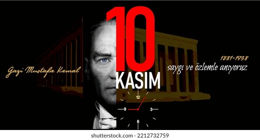 Ilustración vectorial Eps 10. 10 kasim fecha conmemorativa 10 de noviembre Día de la Muerte Mustafa Kemal Ataturk , primer presidente de la República Turca. traducción al turco. 10 de noviembre, respeto y recuerdo.