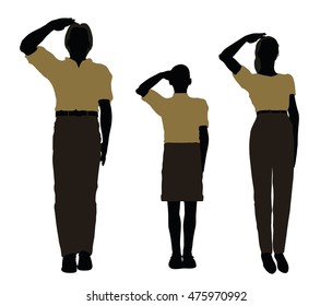 EPS 10 Vector Illustration Of Man, Woman And A Child Silhouette In Military Salute Pose
