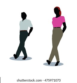 EPS 10 vector illustration of man and woman silhouette in walking pose