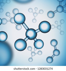 EPS 10. Vector illustration molecule structure science background. Healthcare medicine 3d illustration. Chemistry background with blue cell or atom. Nuclear biotechnology, dna formula research.