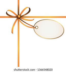 EPS 10 vector illustration of orange colored ribbon bow with hang tag and free text space isolated on white background