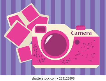 Eps 10 vector illustration of pink girl old style, retro vintage photographic camera and instant photo, pictures isolated on striped purple background wallpaper. Immortalize precious moments concept